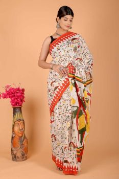 White Hand Block Cotton Pure Handloom Printed Design Saree