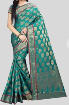 Teal Mercerized Cotton Silk Antique Zari Saree From Banaras