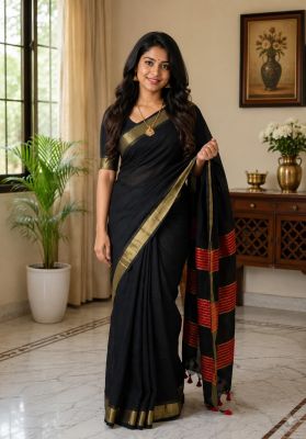 Black Pure Handloom Cotton Saree From Bengal