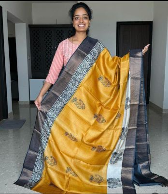 Yellow Pure Handloom Tussar Silk Saree From Bengal