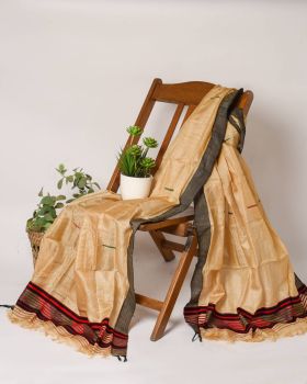 Cream Stripes Tussar Silk Saree From Assam
