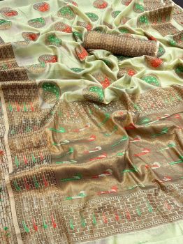 Pista Green Butta Cross Stitch Thread Work Georgette Silk Saree