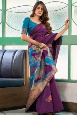 Purple Pure Handloom Banarasi Silk Saree From Banaras