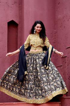 Yellow Black Hand Block Printed Cotton Top Skirt With Dupatta