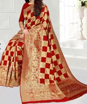 Red Mercerized Cotton Saree From Banaras