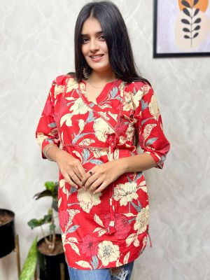 Rose Red Pure Handloom Printed Kurti From Bengal