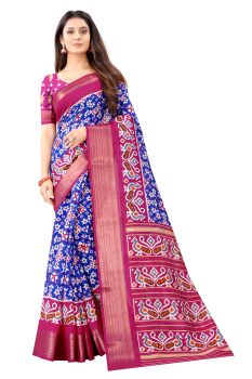 Mahastree BLue Ikkat Pattu Kalamkari Cotton Silk Saree