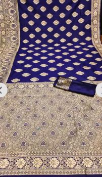 Dark Blue Semi Silk Antique Zari Saree from Banaras