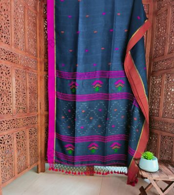 Navy Blue Pure Handloom Linen By Linen Saree From Bengal