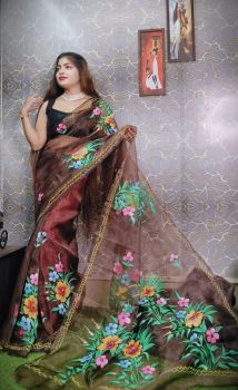 Chocolate Brown Hand Printed Pure Handloom Organza Saree