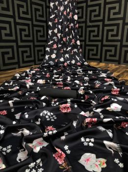 Royal Black Printed Flower Design Heavy Satin Silk Saree