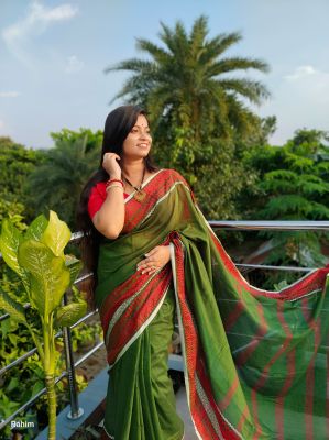 Dark Green Pure Handloom Cotton Saree From Bengal