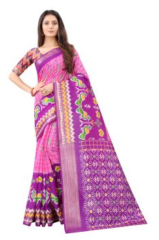Mahastree Pink Ikkat Pattu Kalamkari Cotton Silk Saree