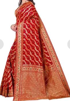 Red Semi Silk Antique Zari Saree from Banaras