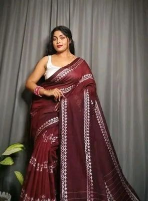 Maroon Pure Handloom Cotton Saree From Bengal