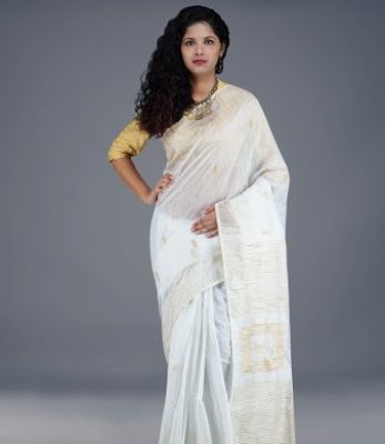 White Pure Handloom Silk Cotton Saree From Bengal
