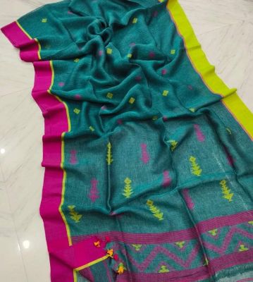 Bottle Green Pure Handloom Linen By Linen Saree From Bengal