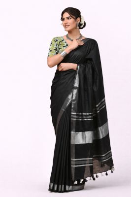 Elegant Black Pure Linen Handloom Saree – Bihar Craft
