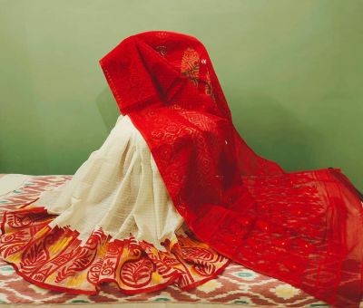 Red and White Pure Handloom Resham Kota Jamdani Flower Design Saree