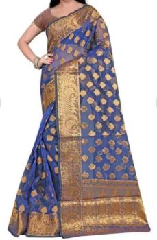 Light Blue Chanderi Cotton Silk Saree From Banaras