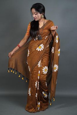 Brown Pure Handloom Cotton Saree From Bengal