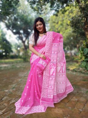 Pink Pure Handloom Dhakai Jamdani Saree From Bengal