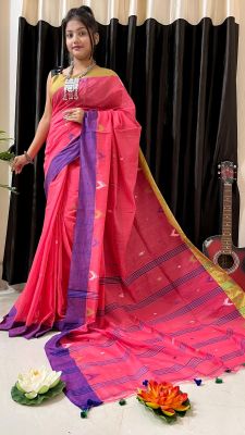Pink Pure Handloom Silk Cotton Saree From Bengal