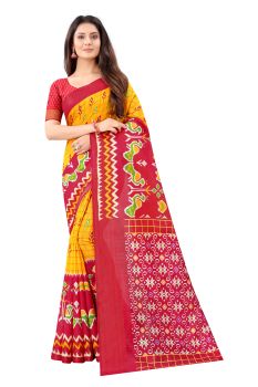 Mahastree Mustard Ikkat Pattu Kalamkari Cotton Silk Saree