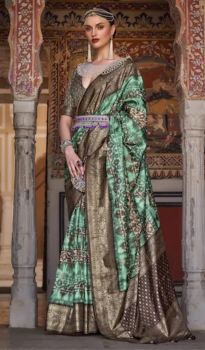 Sea Green Flower Design Handloom Banarasi Silk Saree From Banaras
