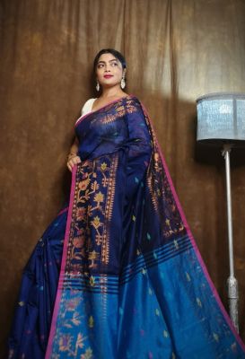 Dark Blue Silk Cotton Handloom Saree From Bengal