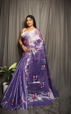 Light Purple Pure Handloom Tissue Cotton Saree From Bengal