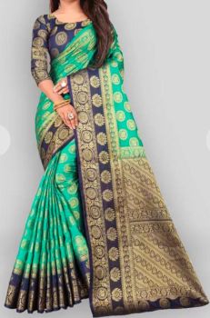 Aqua Green Mercerized Cotton Gold Zari Saree From Banaras