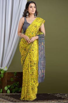 Yellow Print Cotton Saree