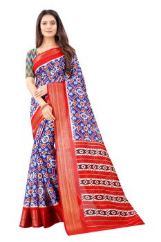 Mahastree Blue Ikkat Pattu Kalamkari Cotton Silk Saree