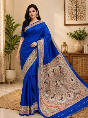 Blue Madhubani Pure Handloom Tassar Silk Saree for Women