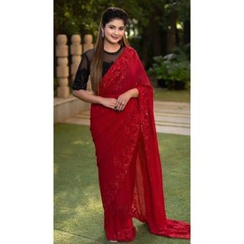 Red Georgette Embroidery Work Saree