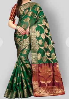 Dark Green Banarasi Cotton Saree From Banaras