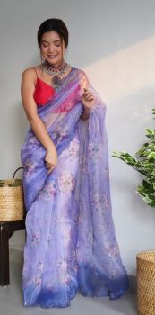 Light Blue Flower Printed Work Pure Organza Silk Saree