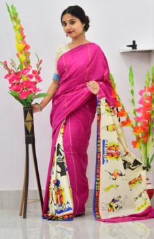 Magenta Pure Handloom Khesh Cotton Saree From Bengal