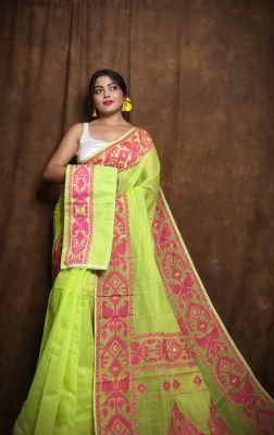 Parrot Green Pure Handloom Dhakai Jamdani Saree From Bengal