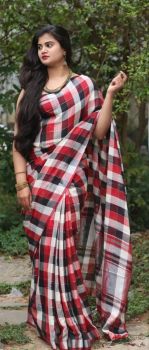 Red Black White Stripes Linen Saree With Silver Zari