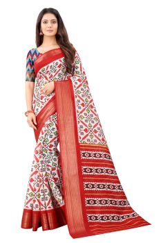 Mahastree White & Red Ikkat Pattu Kalamkari Cotton Silk Saree