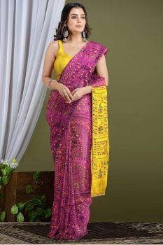 Dark Pink Print Cotton Saree