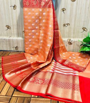 Orange Semi Silk Copper Zari Saree From Banaras