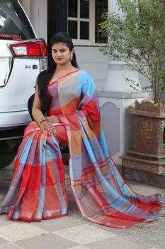 Multicolor Stripes Linen Saree With Silver Zari