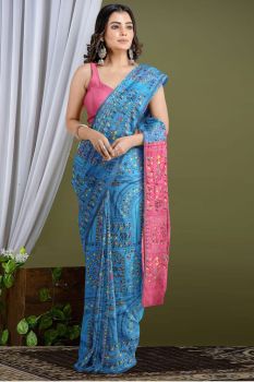 Aqua Blue Print Cotton Saree