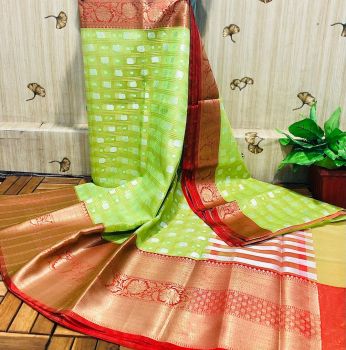 Light Green Semi Silk Copper Zari Saree From Banaras