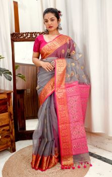 Mid Grey Pure Handloom Muslin Banarasi Saree