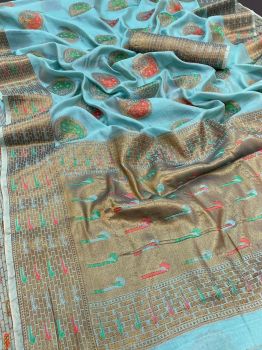 Sky Blue Butta Cross Stitch Thread Work Georgette Silk Saree