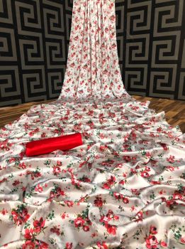 Rose White Flower Design Heavy Satin Silk Saree